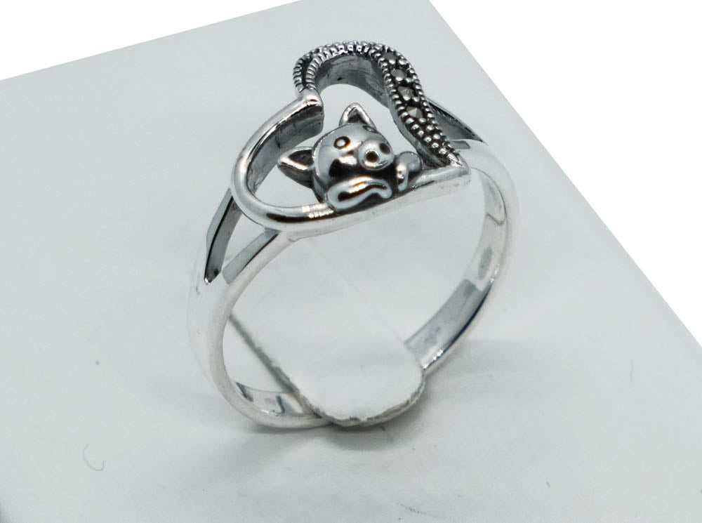 Silver Ring Marcasite Heart Bear