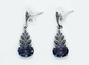 Silver Earring CZ Amethyst Oval