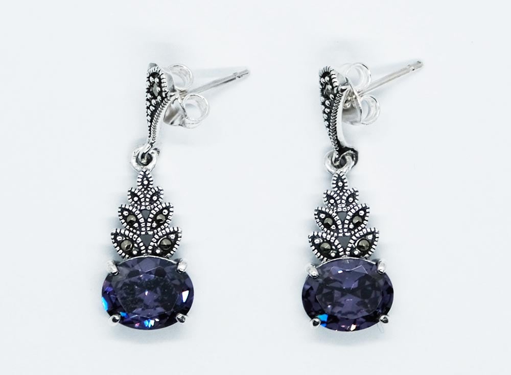 Silver Earring CZ Amethyst Oval