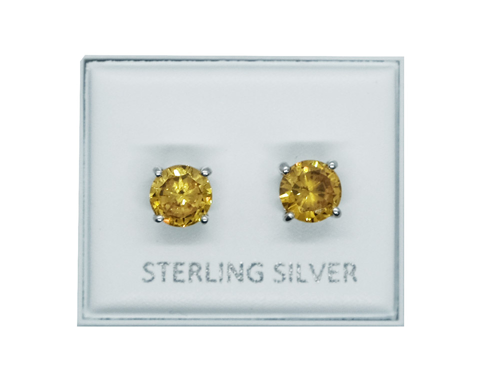 Silver Earring Stud CZ Citrine