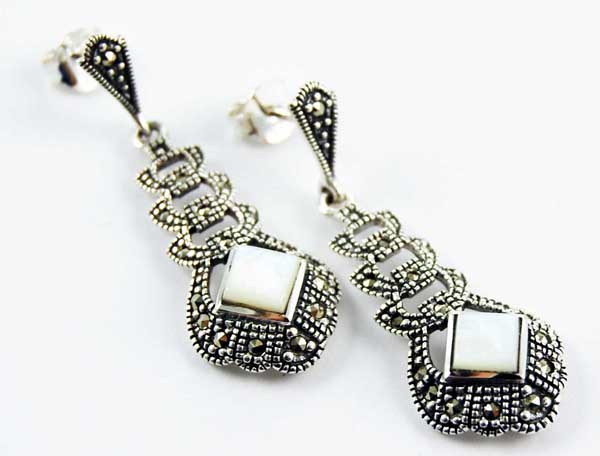 Earring Marcasite Square Stone Drop Mother Of Pearl