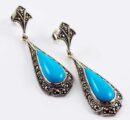 Earring Marcasite Long Tear Drop Turquoise