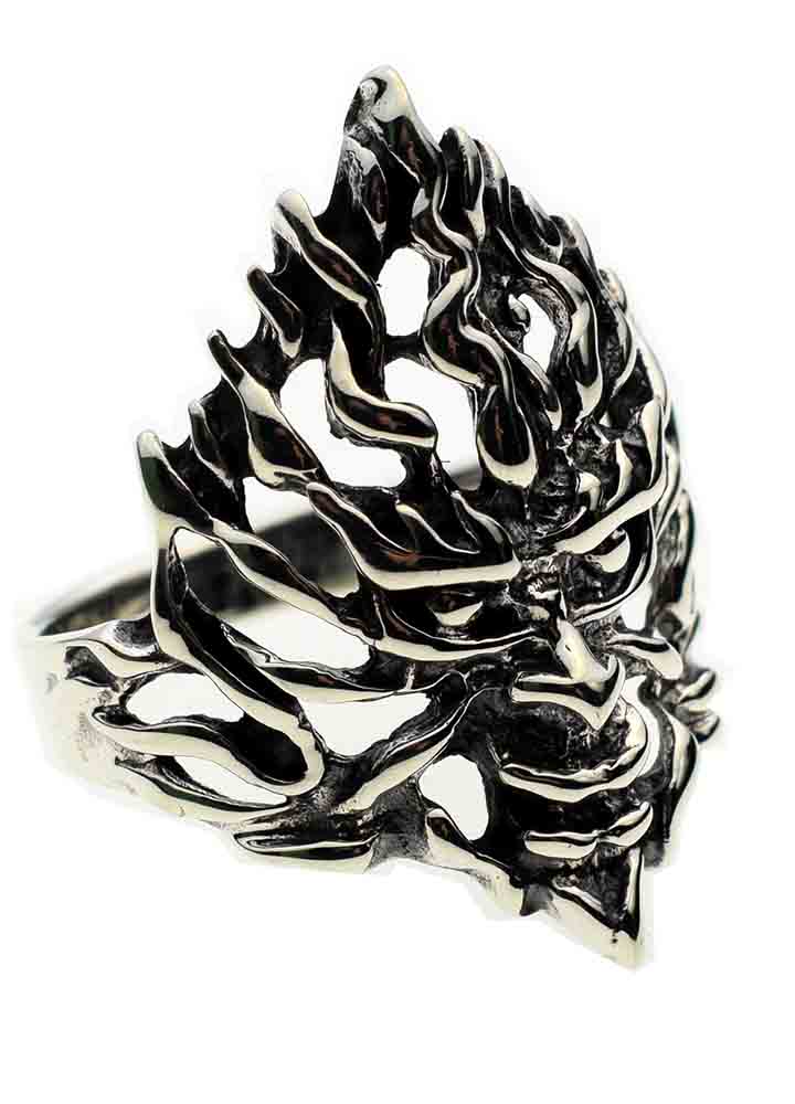 Silver Ring Evil Flaming Face