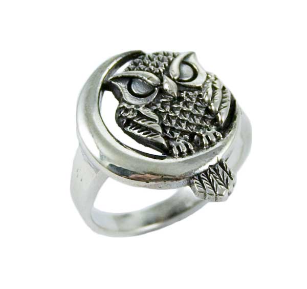 Ring Silver Owl Sat On Moon