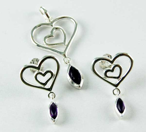 Pendant And Earring Set Heart Amethyst