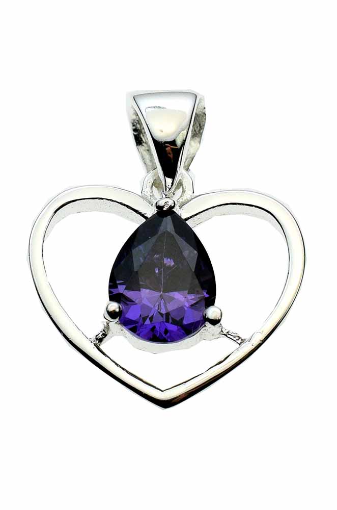 Silver Pendant Heart Amethyst Colour CZ