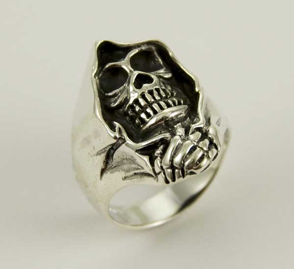 Ring Silver Skull Face In Hood